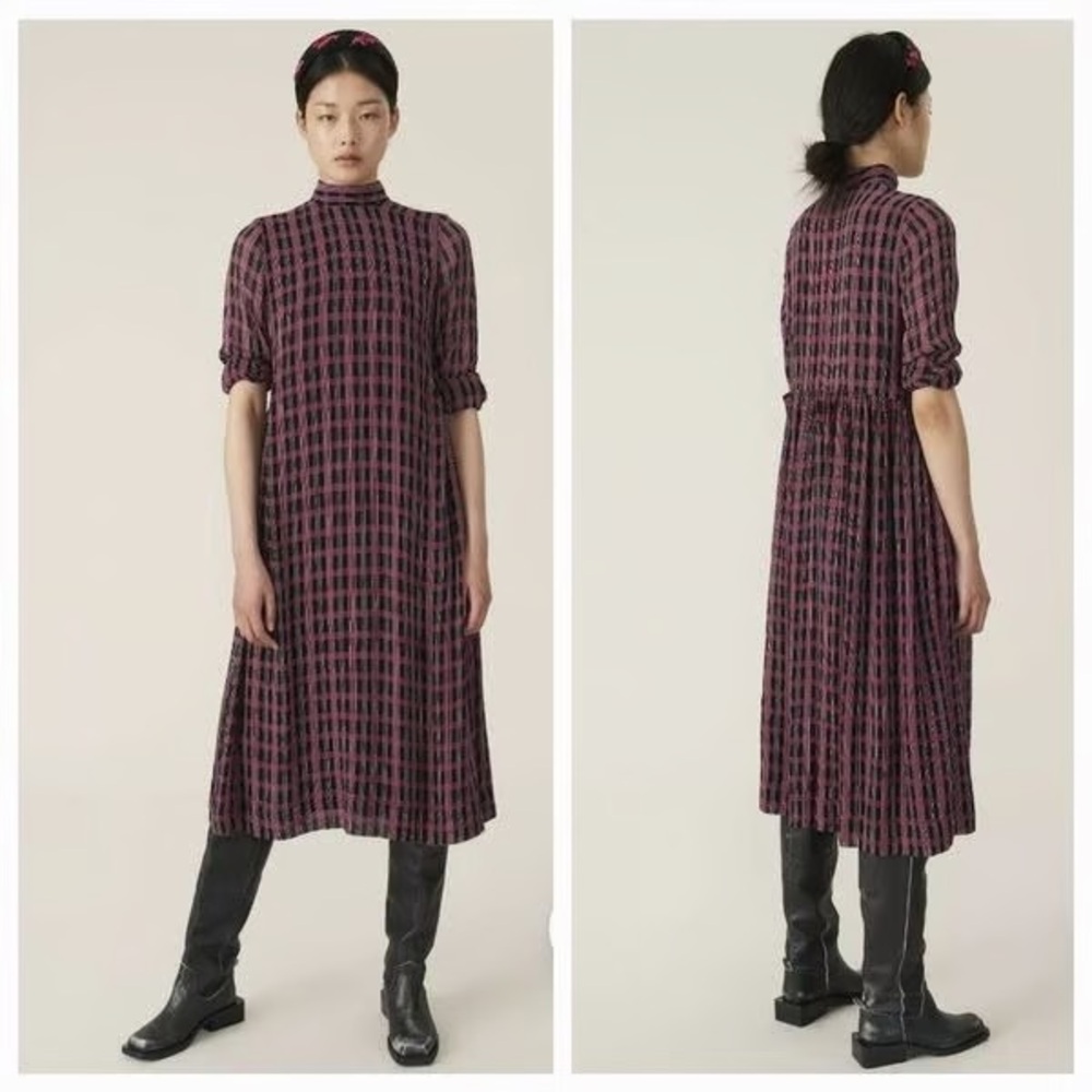 GANNI Plaid Dress in Black and Pink